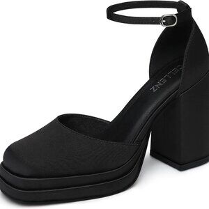 Women Chunky High Heels Satin Platform Pumps Ankle Strap Wedding Party Dress